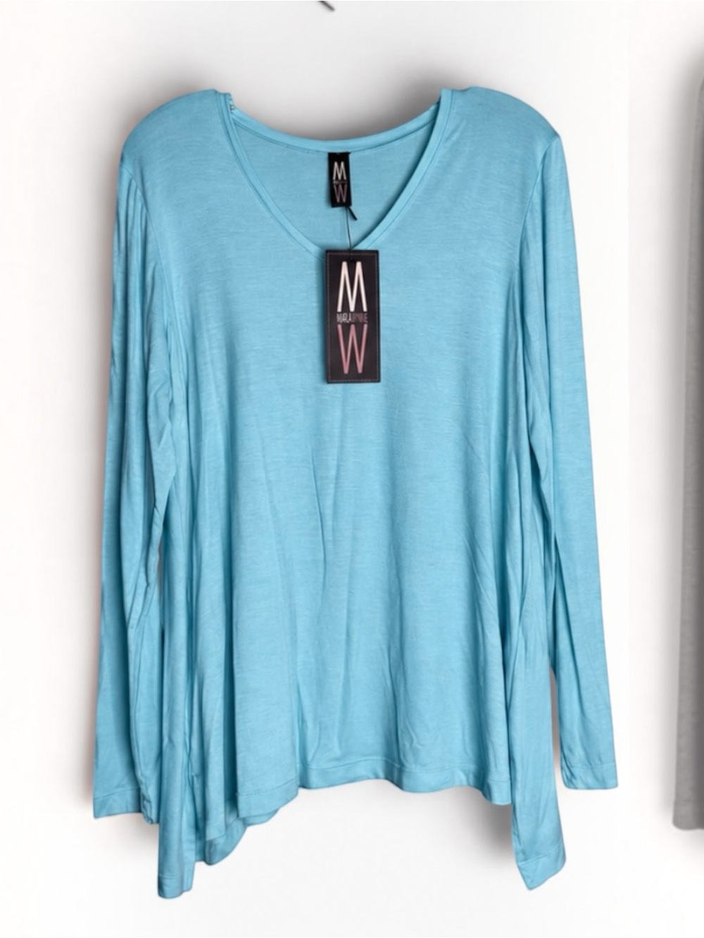 MarlaWynne M Blue Rayon Stretch V Neck Tunic Top Sharkbite Hem NWT Made USA